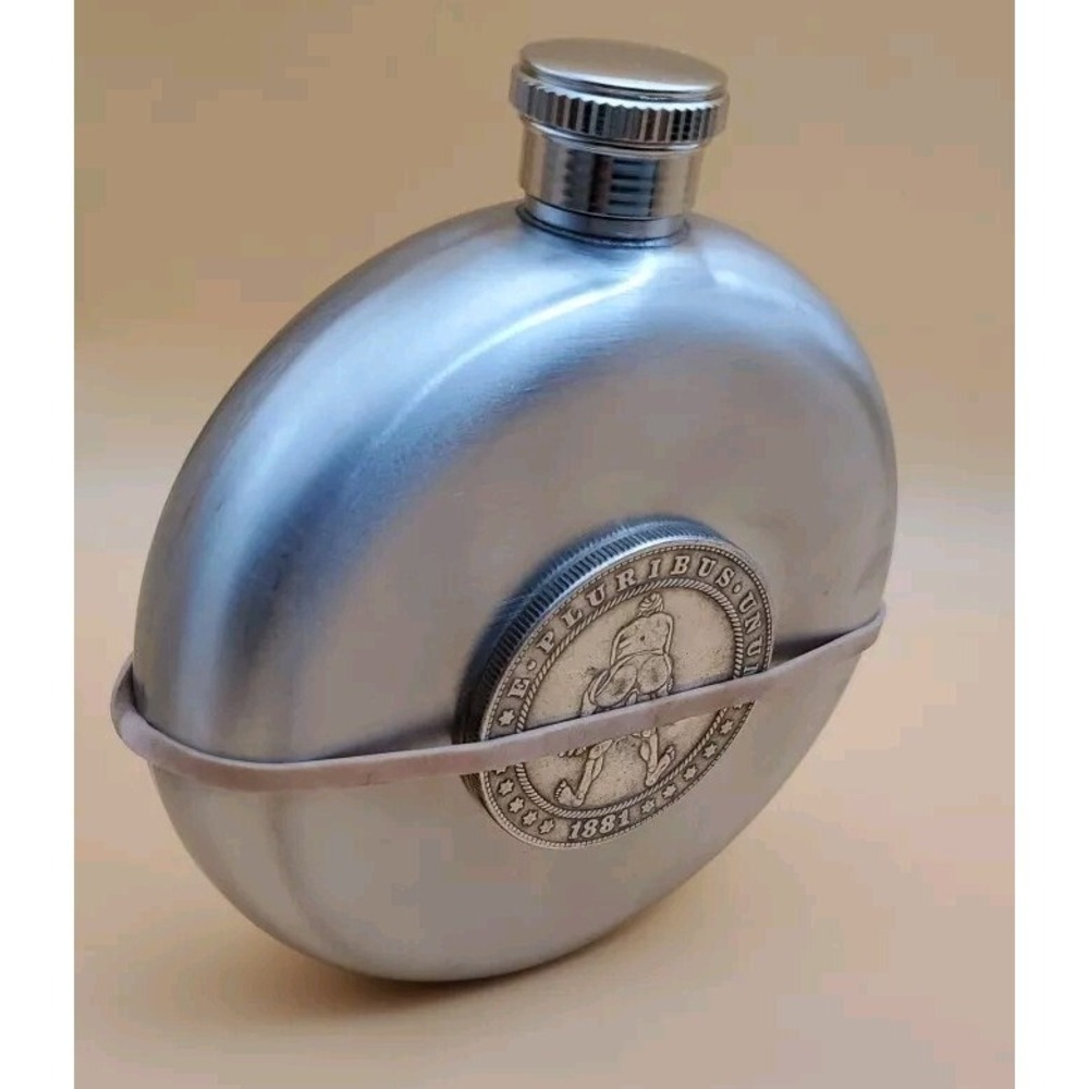 Round 5oz Flask with Nasty Couple Coin Medallion, Stainless Steel, New